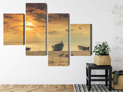 Ljuddämpande tavla - Boats on the beach at sunset