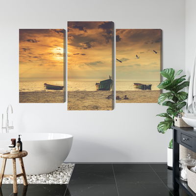 Ljuddämpande tavla - Boats on the beach at sunset