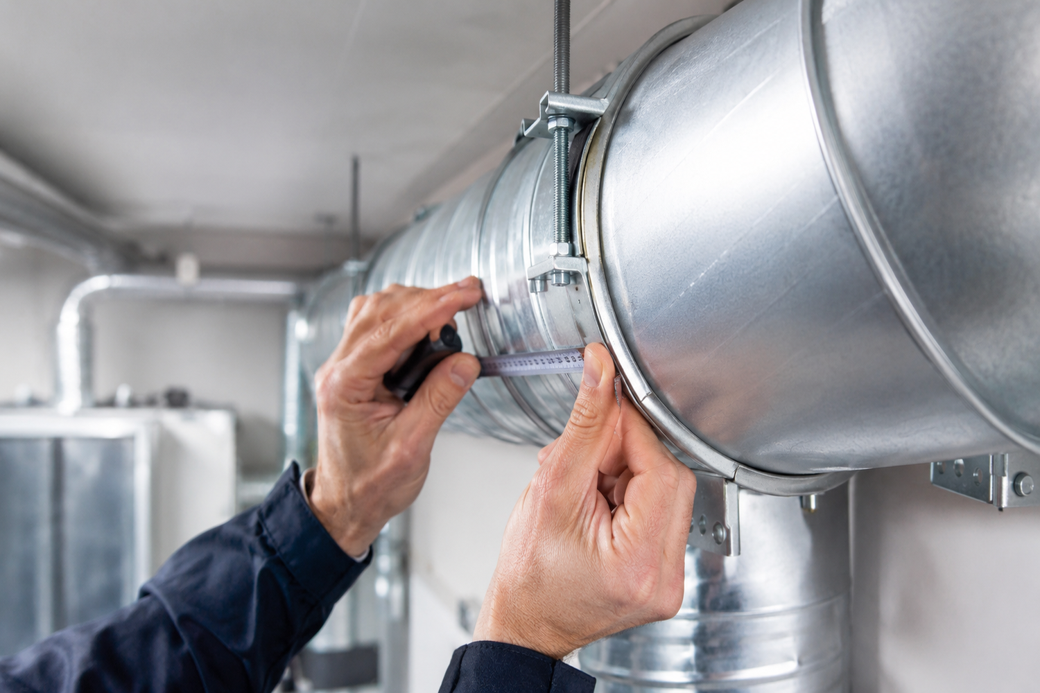 Ventilationskanal i teknikrum där luftburet ljud behöver dämpas.