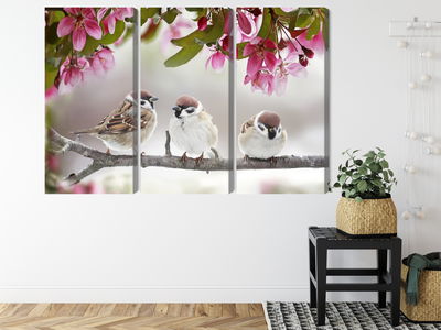 Ljuddämpande tavla - Sparrows among flowers