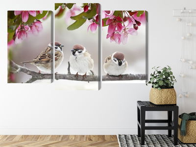 Ljuddämpande tavla - Sparrows among flowers