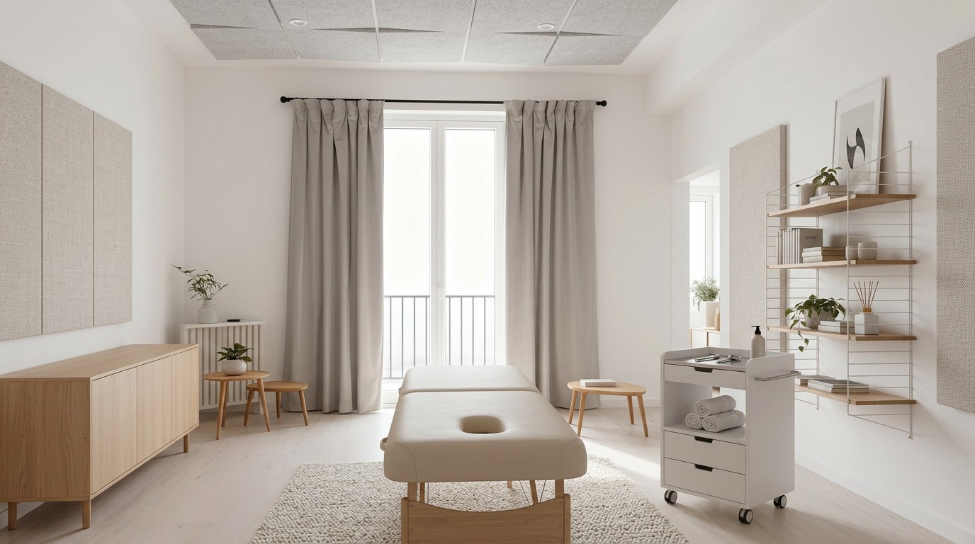 Ett lugnt och professionellt behandlingsrum med mjuka neutrala färger, behandlingsbänk, två stolar för samtal, diskreta ljudabsorbenter i tak och på väggar, textil gardin vid glasparti, behagligt dagsljus, ren och harmonisk vårdmiljö, realistisk interiör, tydlig känsla av bättre akustik och mindre eko, kameravinkel i ögonhöjd, inga logotyper, ingen text