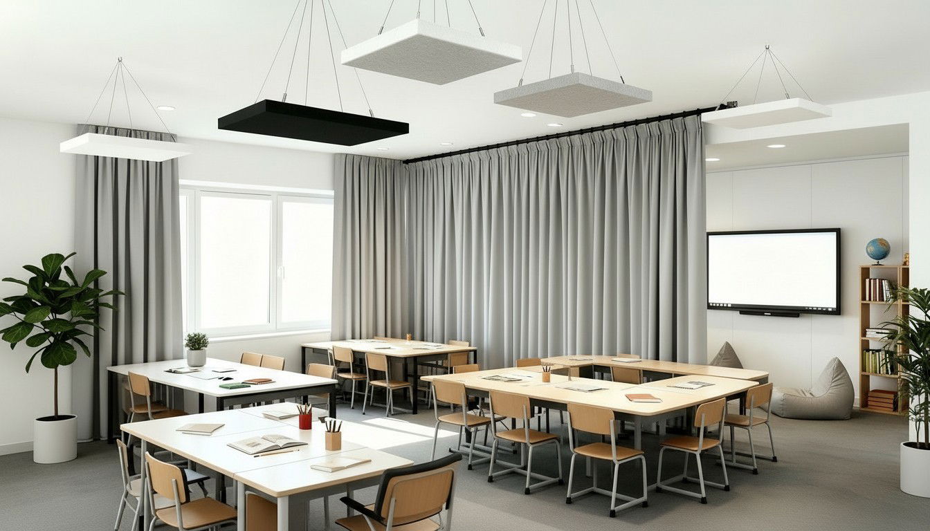 Ljudabsorbera med rumsavdelare i tyg i skolmiljö