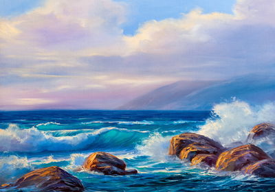 Ljuddämpande tavla - Waves and rocks in the sea