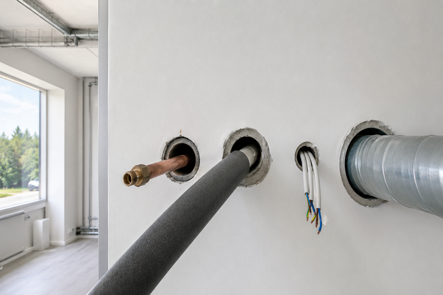 Rör, kablar och ventilationskanal som passerar genom en vägg med synliga springor runt genomföringarna