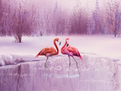 Ljuddämpande tavla - Flamingos against a purple