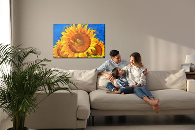 Ljuddämpande tavla - Painted sunflowers on a blue