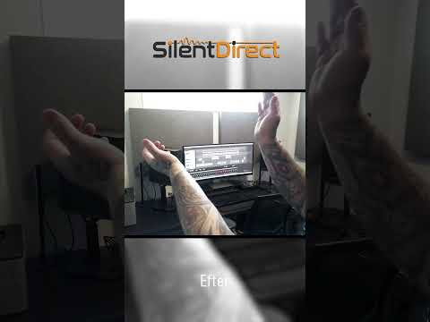 Video som visar akustiktest före och efter montering av SilentDirect PES ljudabsorbenter med tydlig jämförelse av efterklang, eko och ljudmiljö