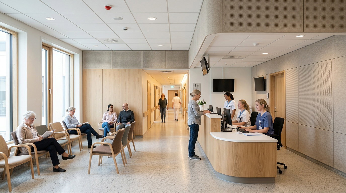Reception och väntrum på vårdcentral med ljudabsorberande väggpaneler och akustiktak som förbättrar ljudmiljön