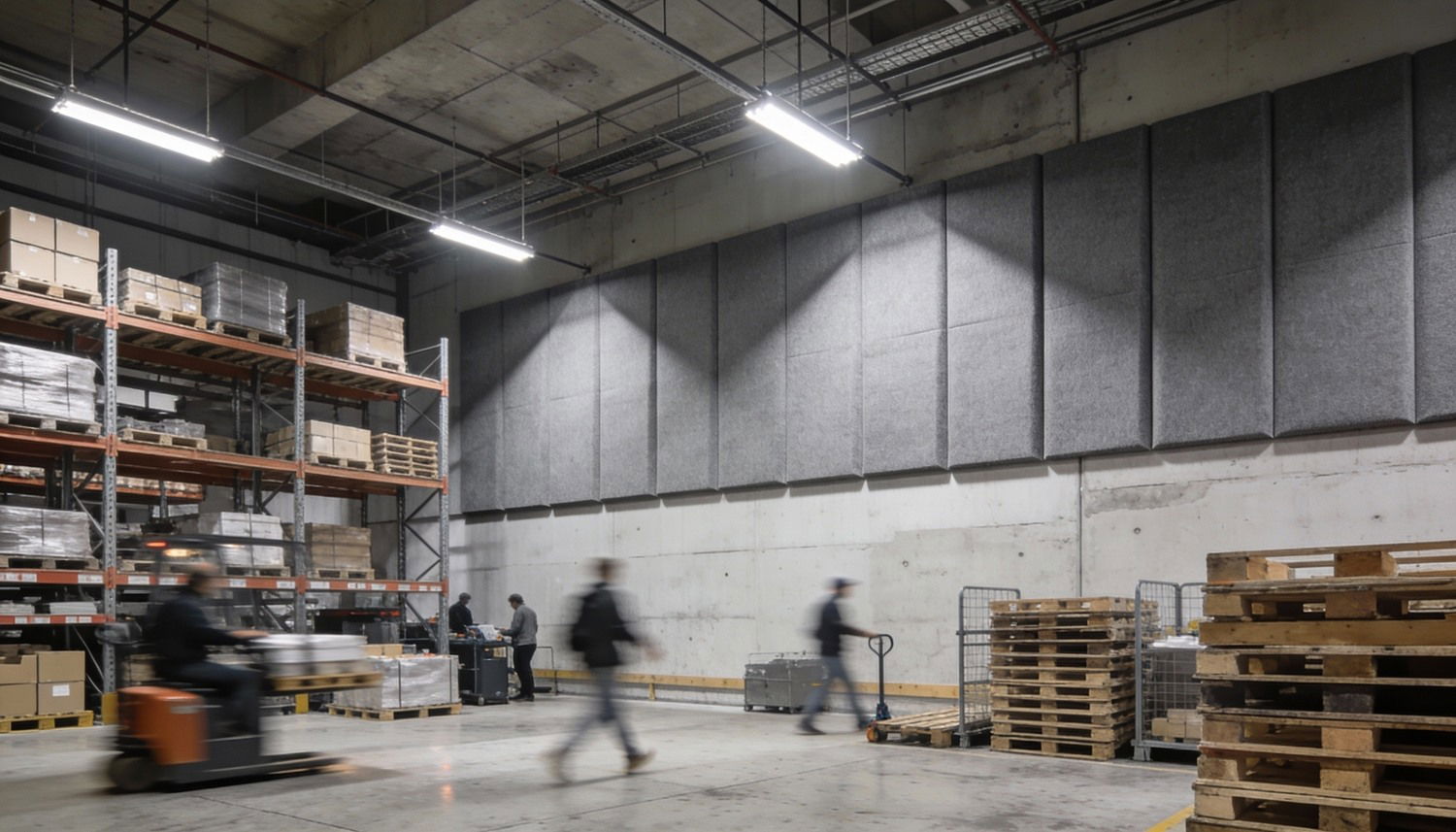 Kunskapsportal om ljudabsorbering på vägg i industri och lager samt hur eko och efterklang kan minskas i stora lokaler.