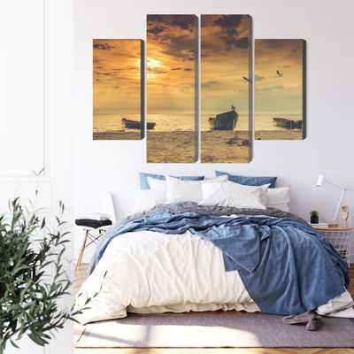 Ljuddämpande tavla - Boats on the beach at sunset
