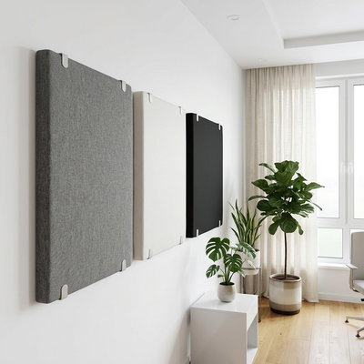 Seinälle asennetut SilentDirect PES Wall Fabric -seinävaimentimet harmaissa sävyissä