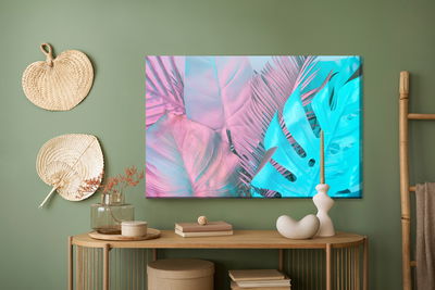 Ljuddämpande tavla - Tropical leaves in neon
