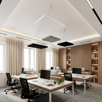 SilentDirect PES Ceiling acoustic absorbers suspended by wire above workstations in a modern office