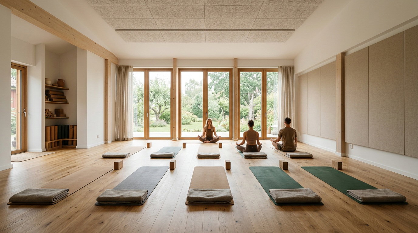 Ljus yogastudio med ljudabsorberande takabsorbenter, väggpaneler och gardiner som skapar en rofylld ljudmiljö.