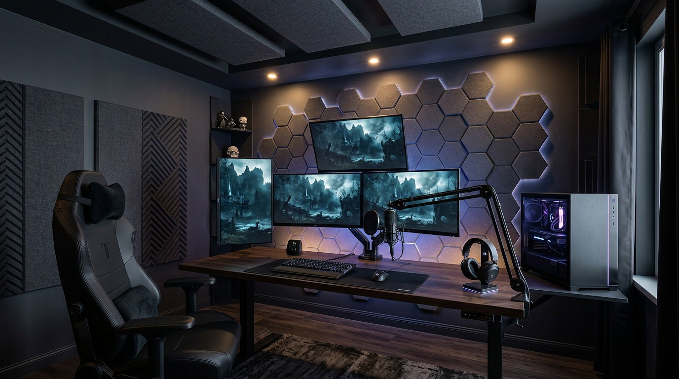 Gamingrum med ljudabsorberande väggpaneler och takabsorbenter som minskar eko och förbättrar ljudmiljön.