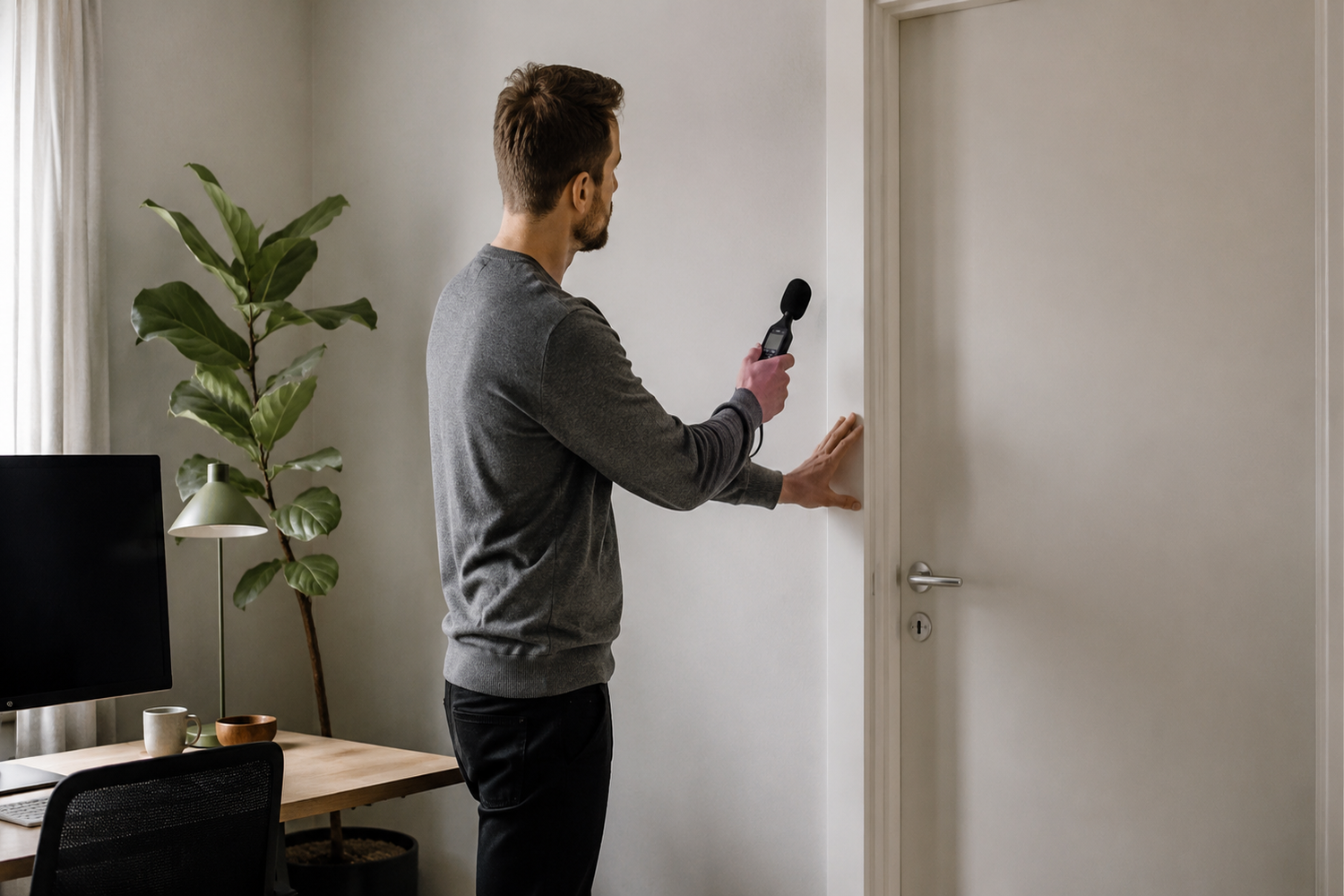 Person undersöker hur mycket störande ljud som överförs genom en vägg före köp av ljudisolering.