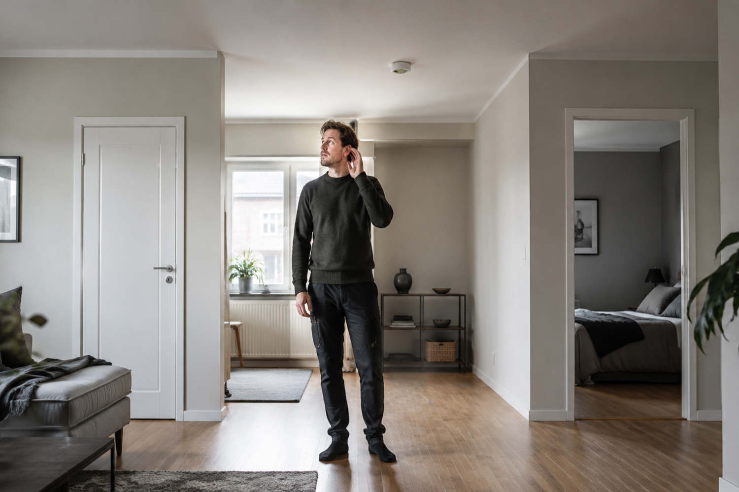 Person som undersöker om ett störande ljud är luftljud, stomljud, stegljud eller efterklang.
