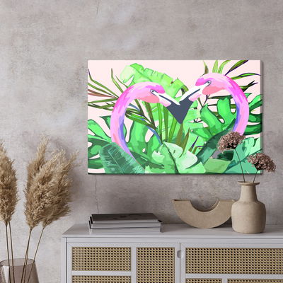 Ljuddämpande tavla - Flamingos and tropical leaves