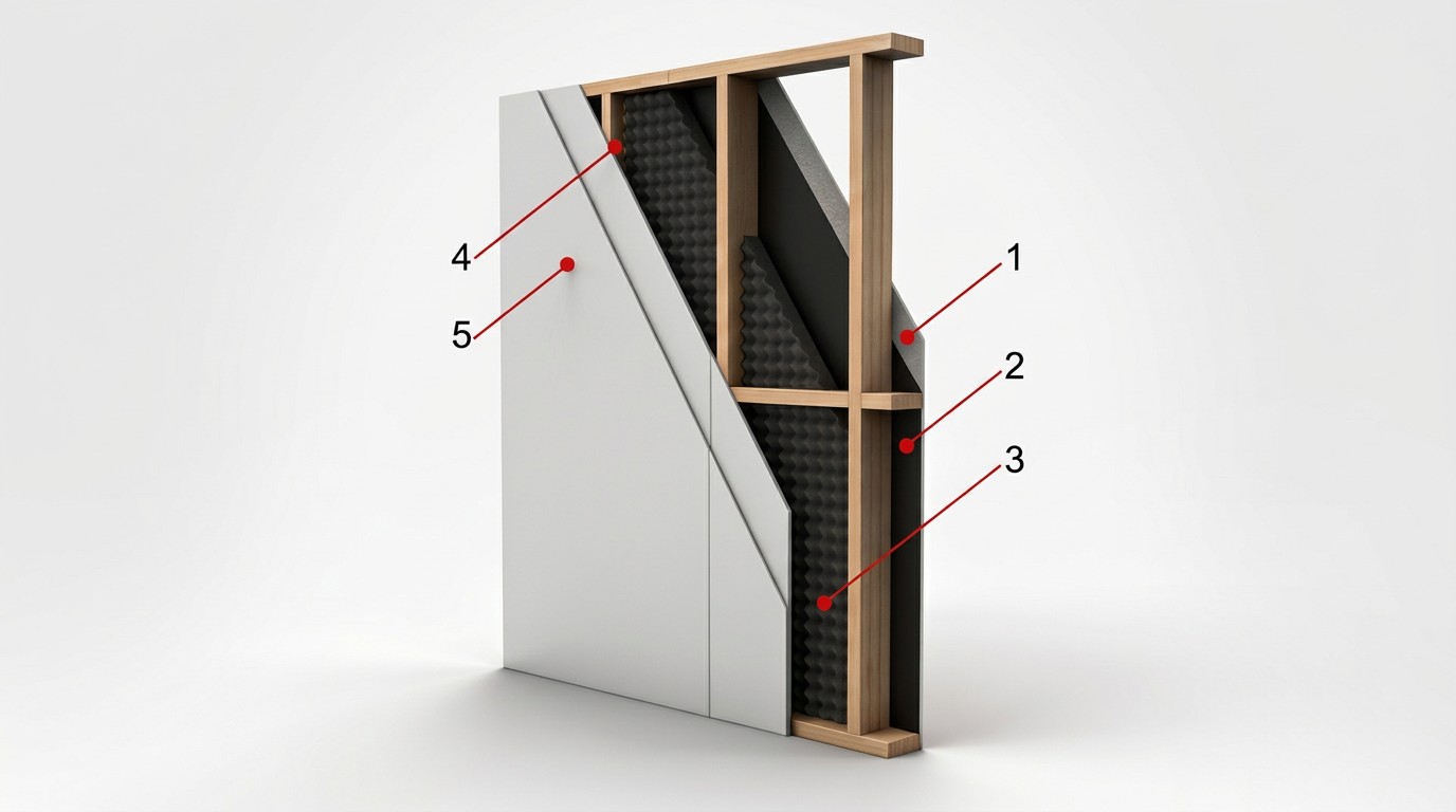 Illustration av ljudisolerad vägg, ljudabsorbenter i tak och på vägg samt vibrationsdämpad installation