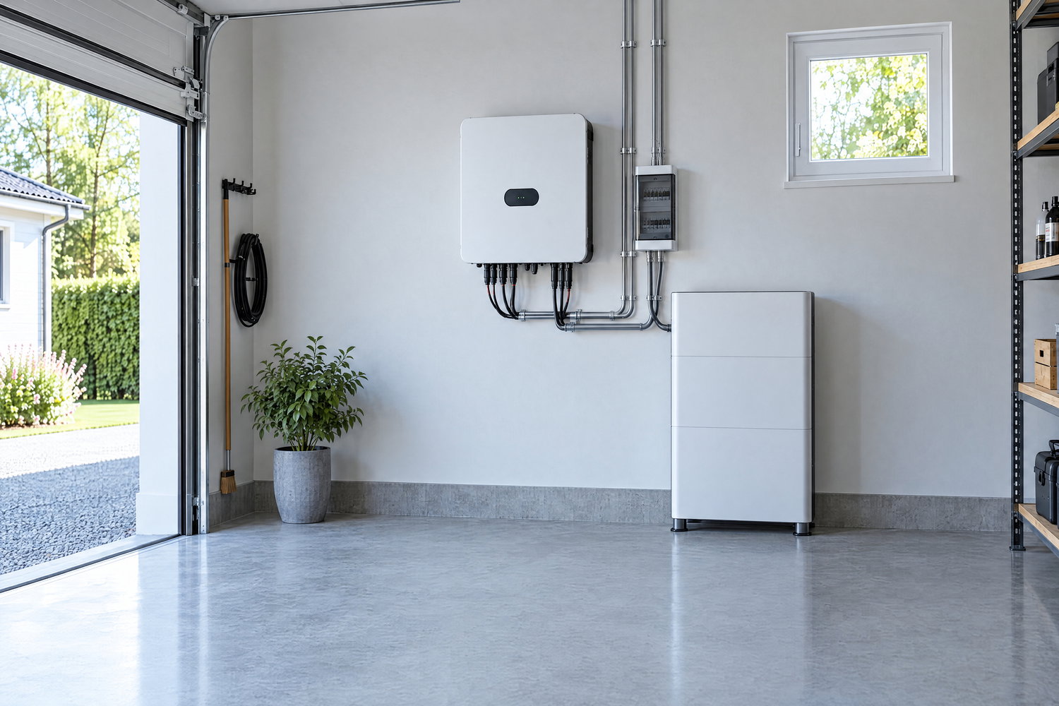 Solcellsinverter och batterilager installerade med fria ventilationsavstånd i ett ljust teknikrum.