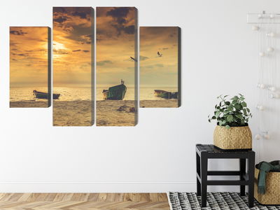 Ljuddämpande tavla - Boats on the beach at sunset