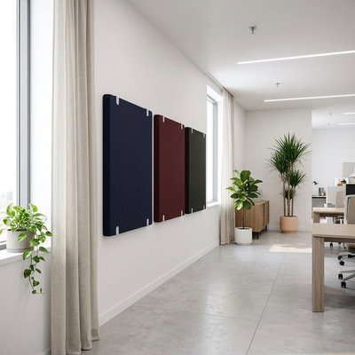 SilentDirect PES Wall Fabric -äänieristyslevyt, useita värejä, asennettu toimiston seinälle