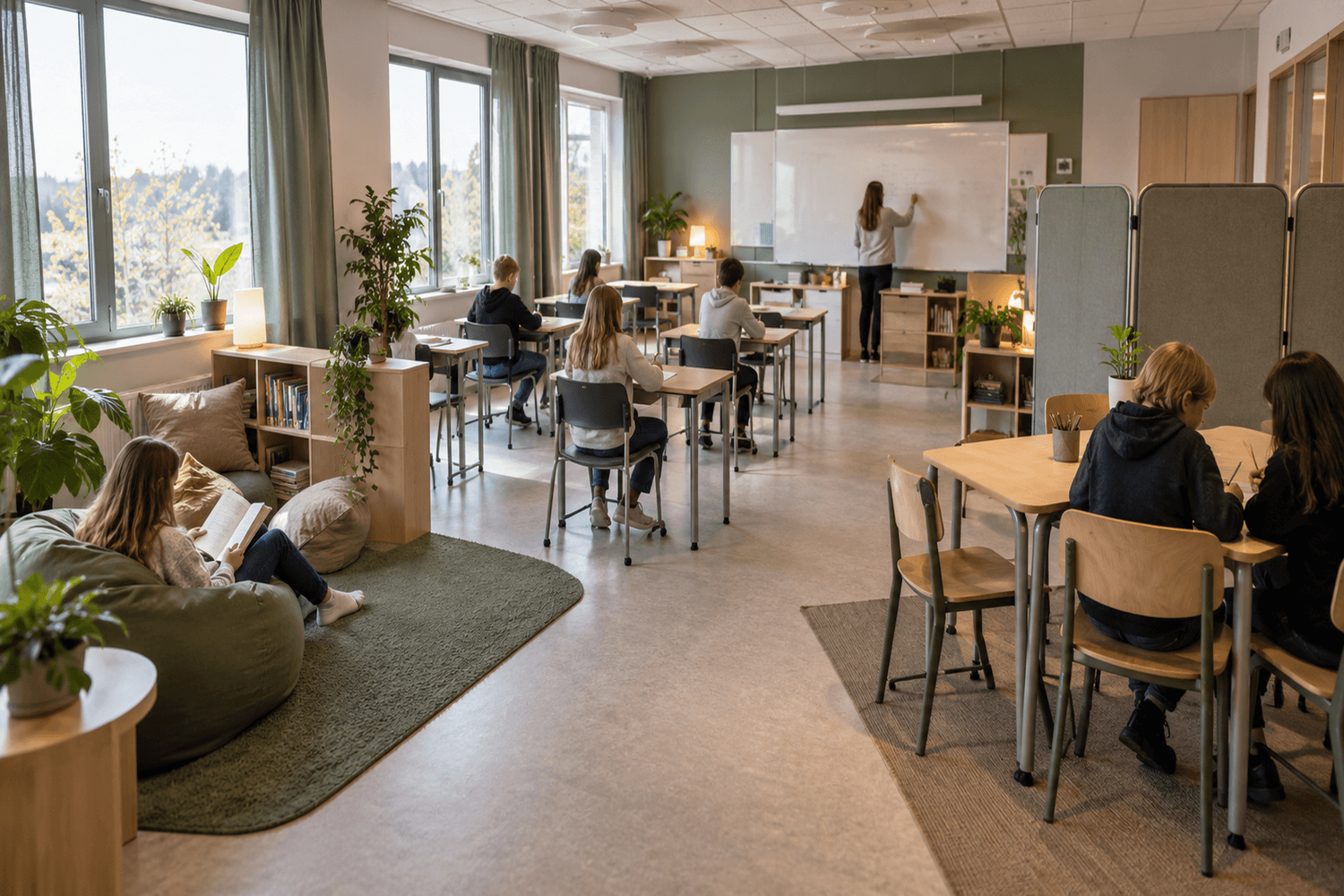 NPF-anpassat klassrum med tydliga arbetszoner, lugn inredning och god ljudmiljö
