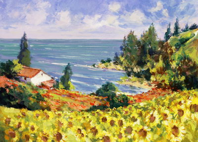 Ljuddämpande tavla - Landscape with sunflowers as