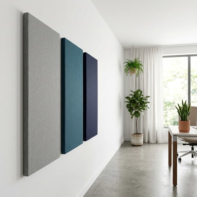 SilentDirect PES Wall Fabric -seinävaimentimet neutraaleissa väreissä valoisassa toimistoympäristössä