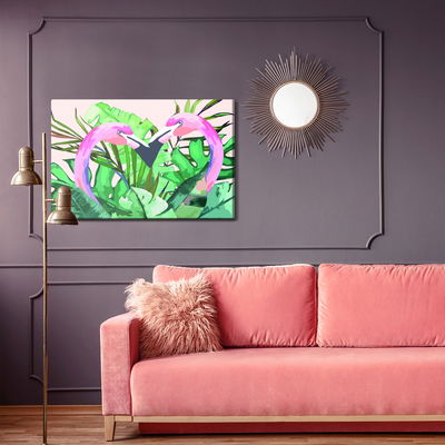 Ljuddämpande tavla - Flamingos and tropical leaves