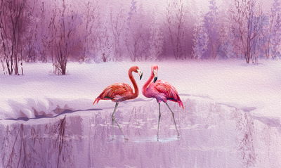 Ljuddämpande tavla - Flamingos against a purple