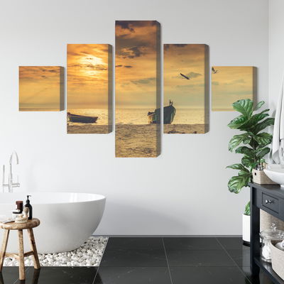 Ljuddämpande tavla - Boats on the beach at sunset