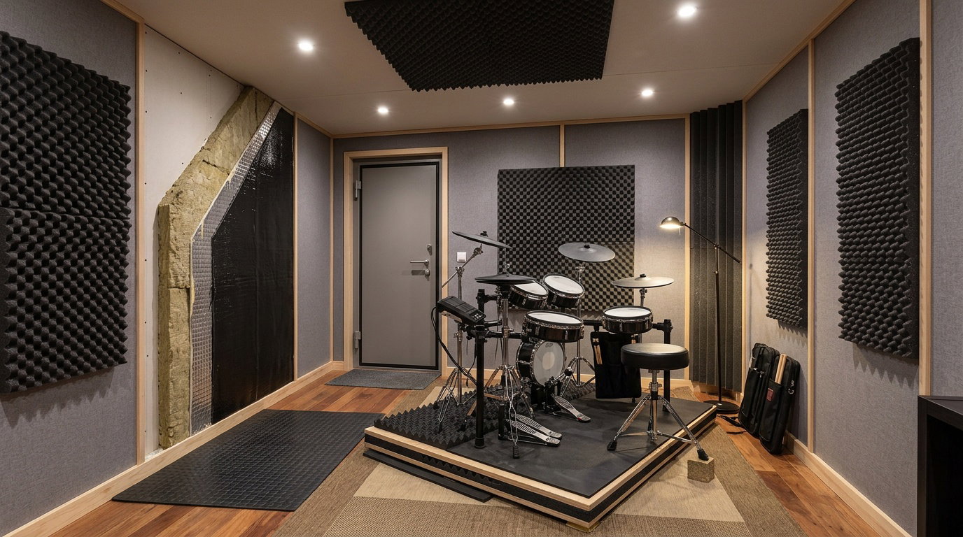 Ett realistiskt musikrum för trummor i en bostad, med komplett trumset på vibrationsdämpad uppbyggnad, förstärkta väggar, tätad dörr, förbättrat golv och robust taklösning, fokus på ljudisolering mellan rum snarare än akustikbehandling, nordisk inomhusmiljö, naturligt ljus, teknisk men hemtrevlig känsla, detaljerad interiörfotografi, vidvinkel från hörn, inga logotyper, ingen text i bilden