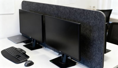 Bulletin Desk Screen monterad vid skrivbord för att reducera ljudreflektioner