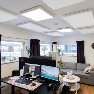 SilentDirect PES Ceiling vita ljudabsorbenter monterade i tak i kontor för minskad efterklang