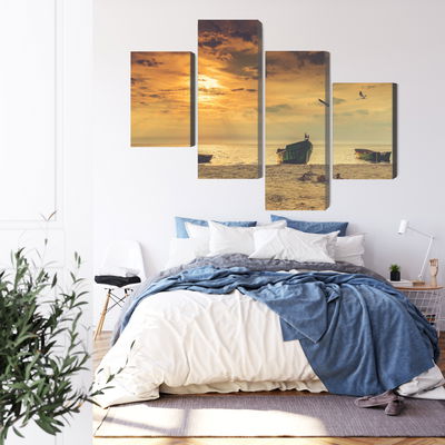 Ljuddämpande tavla - Boats on the beach at sunset