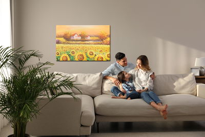 Ljuddämpande tavla - Cottages at a sunflower field