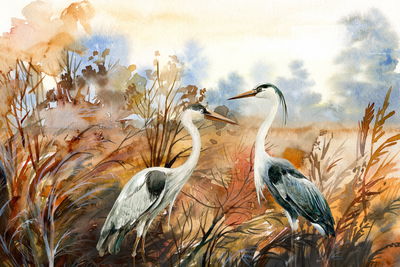 Ljuddämpande tavla - Cranes in autumn