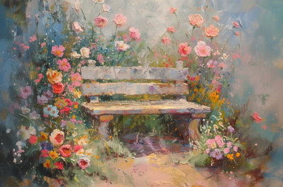 Flowery bench impressionist – motivvy. En ljus bänk står bland rosa, röda och gula blommor i en mjukt målad trädgård.