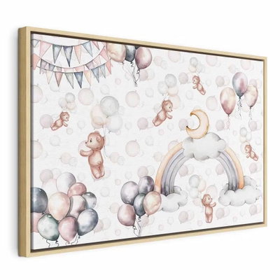 Toy bears with balloons – naturfärgad ram. En tecknad nalle, ballonger och en regnbåge samlas i ett barnmotiv med ljusa pastellfärger.