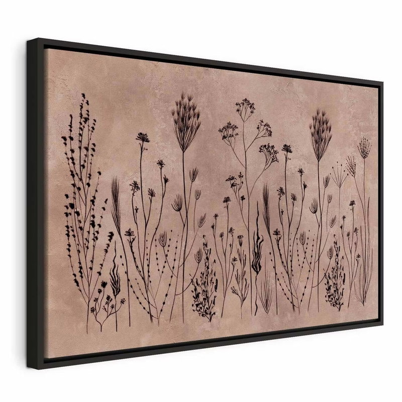 Wildflowers black plants on – svart ram. Tunna mörka stjälkar, blad och blomhuvuden tecknar sig mot en dämpat rosa och beige botten.