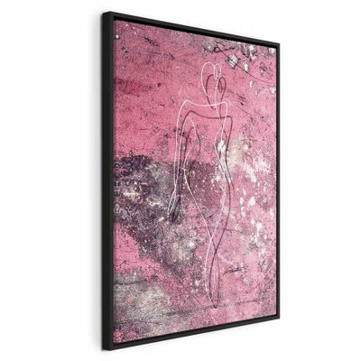 Figure on pink background – svart ram. En tunn vit figurkontur framträder över en rosa och mörklila, skiktad yta med små ljusa blommor.