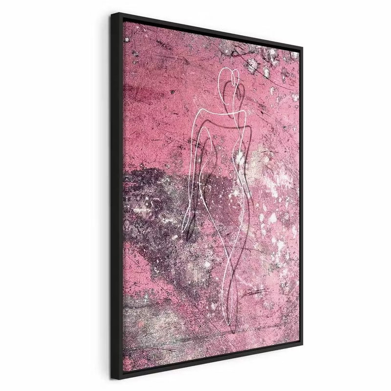 Figure on pink background – svart ram. En tunn vit figurkontur framträder över en rosa och mörklila, skiktad yta med små ljusa blommor.