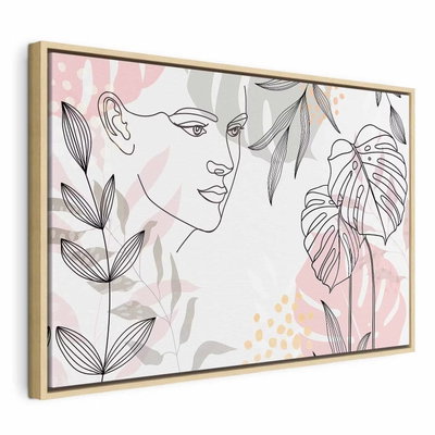The wildness of a woman – naturfärgad ram. Ett kvinnligt ansikte tecknas med tunna linjer bland botaniska bladformer i blekt rosa och grått.