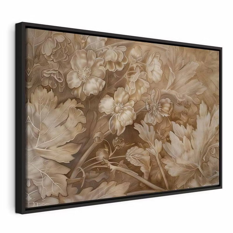 Floral ornaments carved in – svart ram. Täta blommor och blad bildar ett brunt, skulpterat utseende med tydliga skuggor. Reliefverkan finns i tryckmotivet.