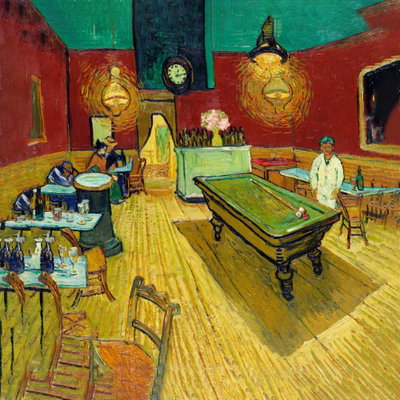 Kvadratisk motivforlæg for Vincent van Gogh - The night: Et grønt billardbord står i et caféinteriør med røde vægge, gule lamper og et langt trægulv.