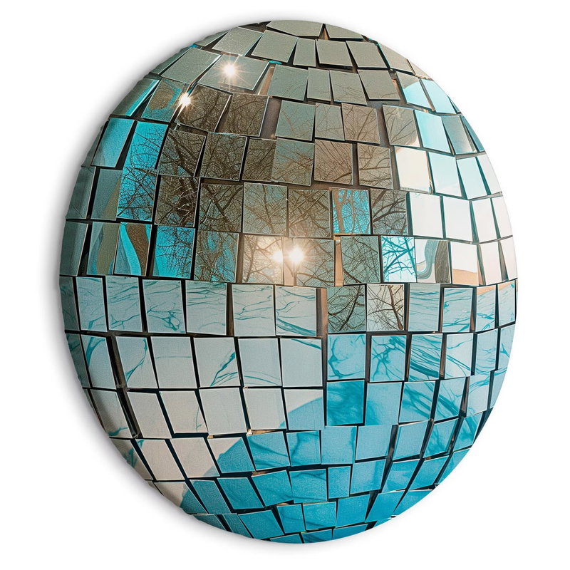 Rund motivvy för Sky blue disco ball: Ljusblå och silvergrå spegelrutor återger trädgrenar och en låg sol.