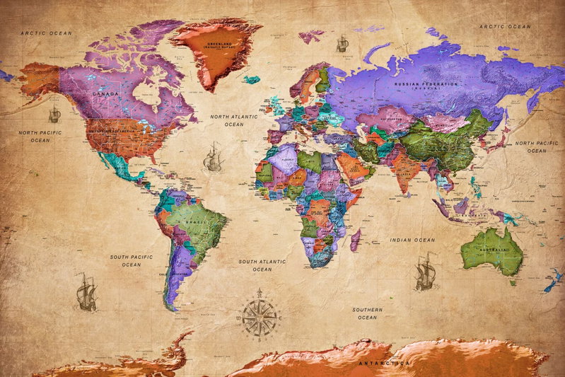 Colourful travels: Rosa, violetta, gröna och orange länder lyser mot en varm, pappersliknande bakgrund med kompassros.