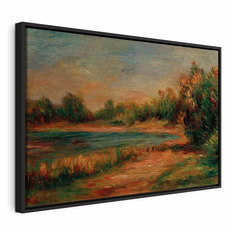 Pierre auguste renoir – svart ram. En väg slingrar sig längs gröna buskar och öppna fält under en gråblå, målad himmel.